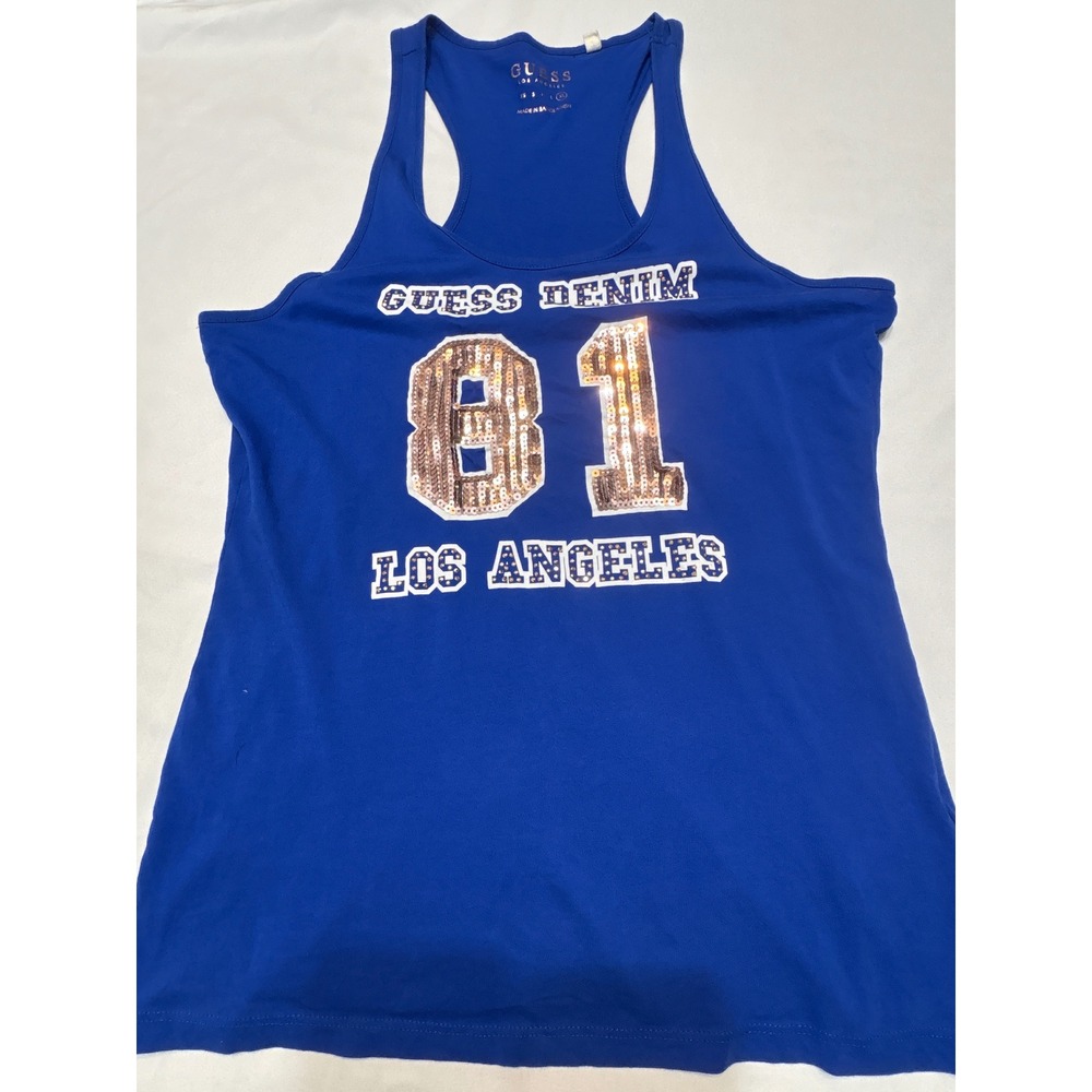 Guess Los Angeles Blue Sequin 81 Graphic Racerback Tank Top XL